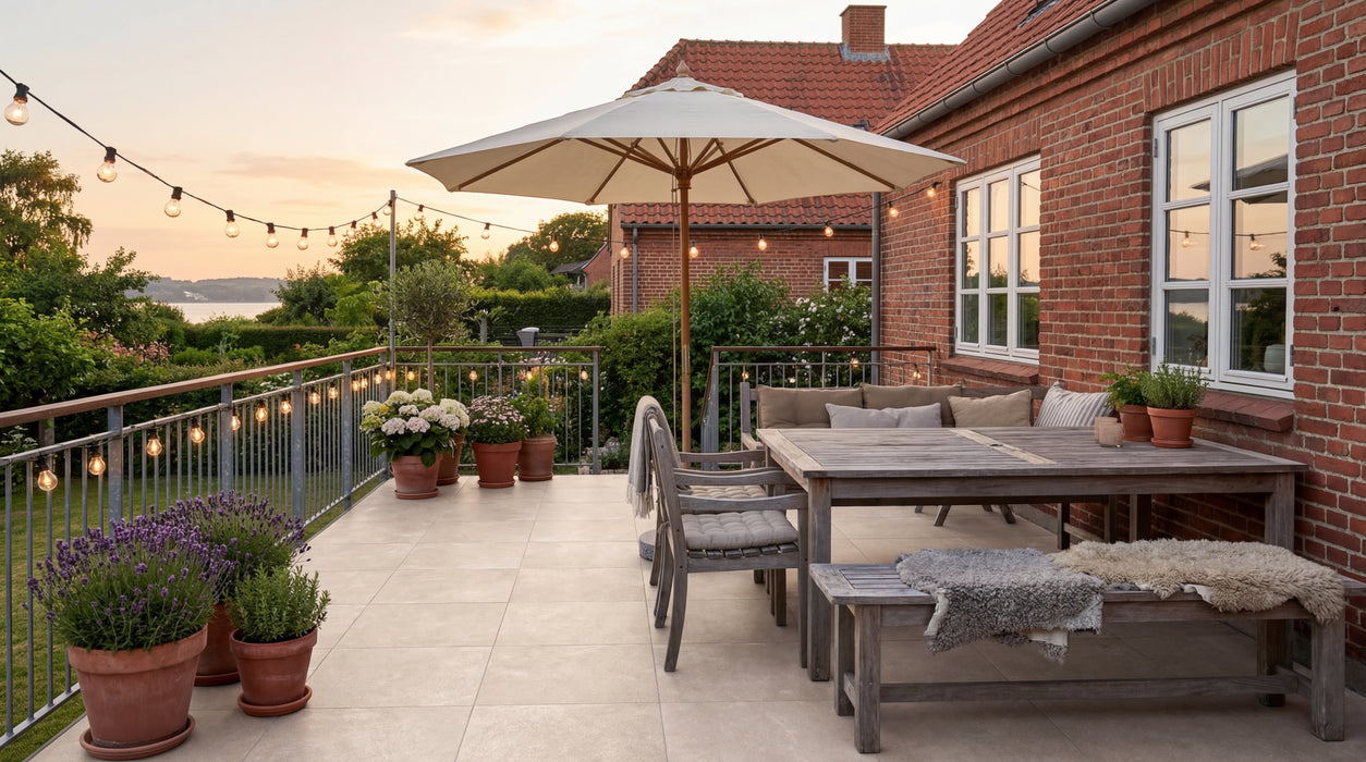 terrasse med havemøbler, kruk