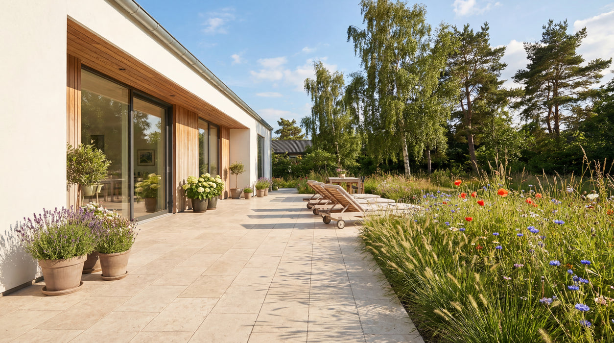 lyse keramiske fliser "gilleleje sand" på terrasse ved moderne hus og vild have.