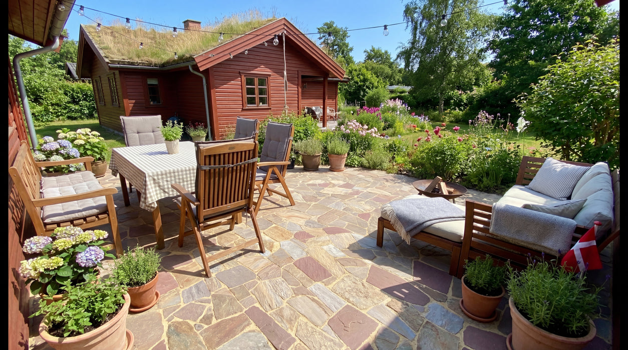 mahogni sandsten brudfliser på terrasse med havemøbler og grønt tag på hus i baggrunden.