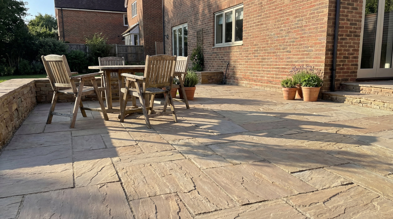 terrasse med sandsten "olive" i romersk mønster og havemøbler.