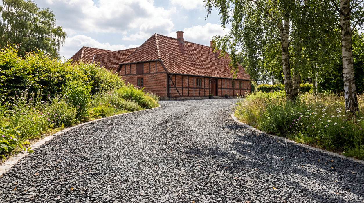 indkørsel med sort hyperit skærver (32-45 mm) foran rødstenshus.