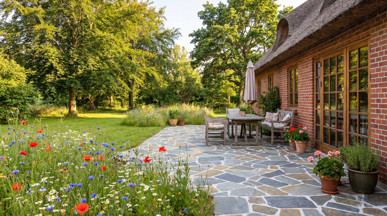 terrasse med grå/brune skifer brudfliser ved rød murstenshus og blomstereng.