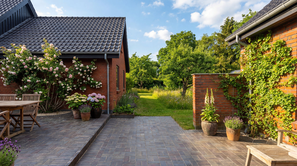 manchester teglklinker som terrassebelægning i flot havemiljø.