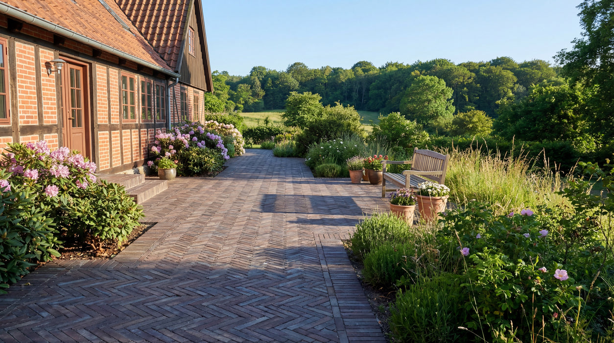 rødbrune teglklinker, manchester, lagt i sildebensmønster foran hus og have.