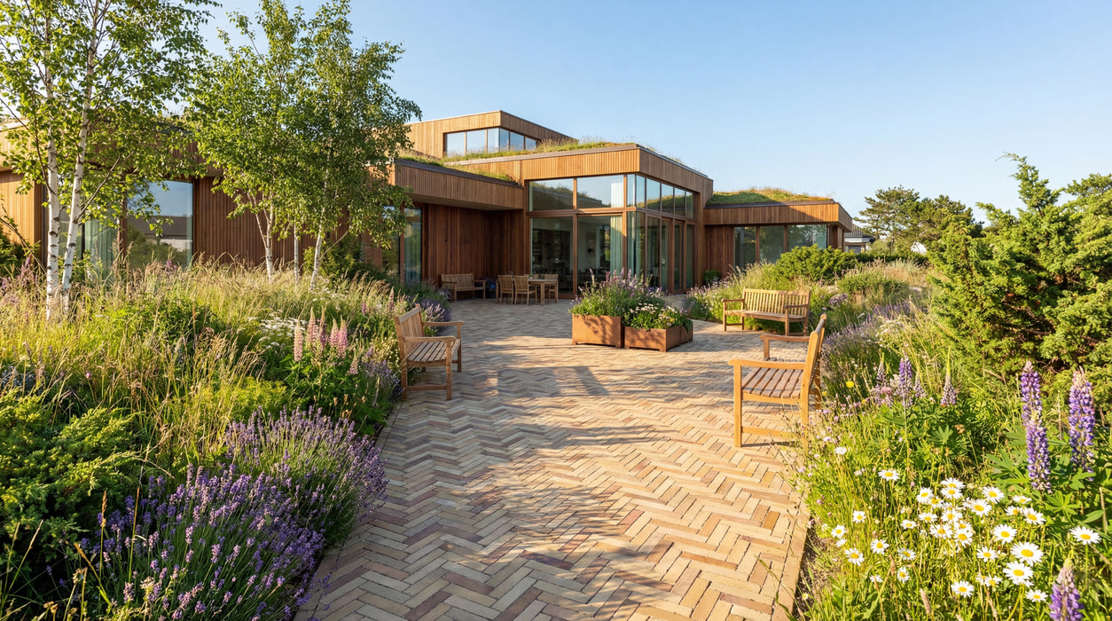odense teglklinker lagt i sildebensmønster på terrasse med blomsterbede.