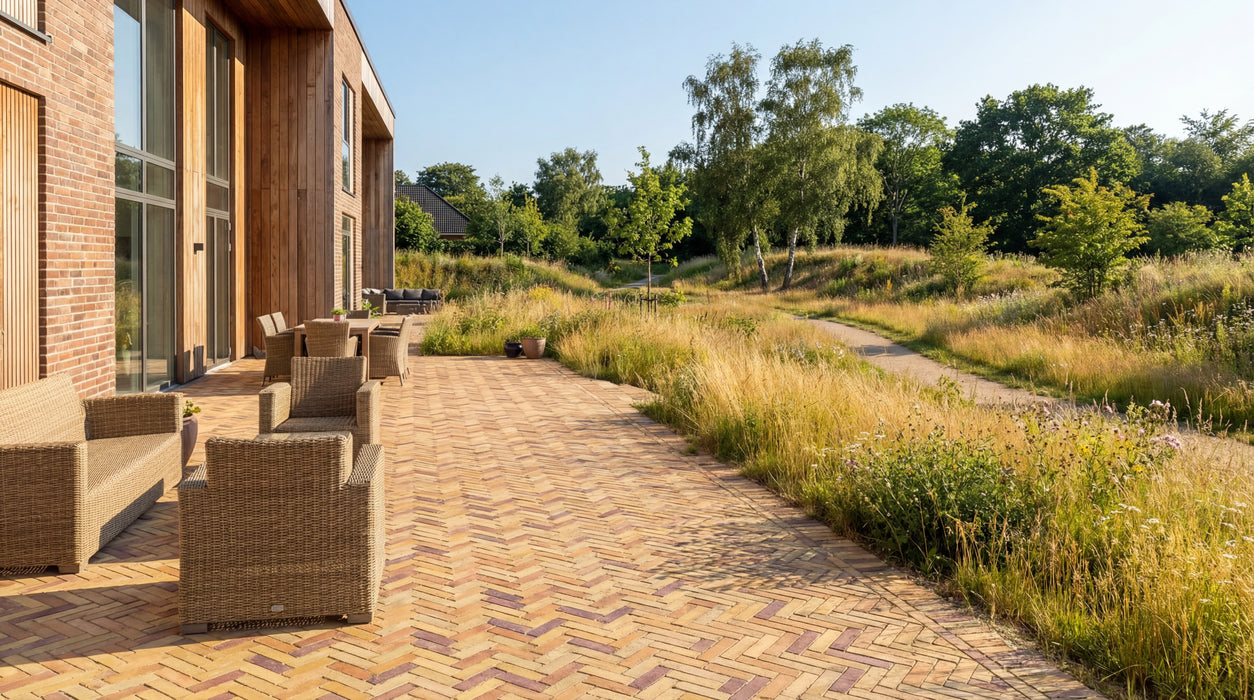 terrasse med Odense teglklinker lagt i sildebensmønster ved moderne hus.