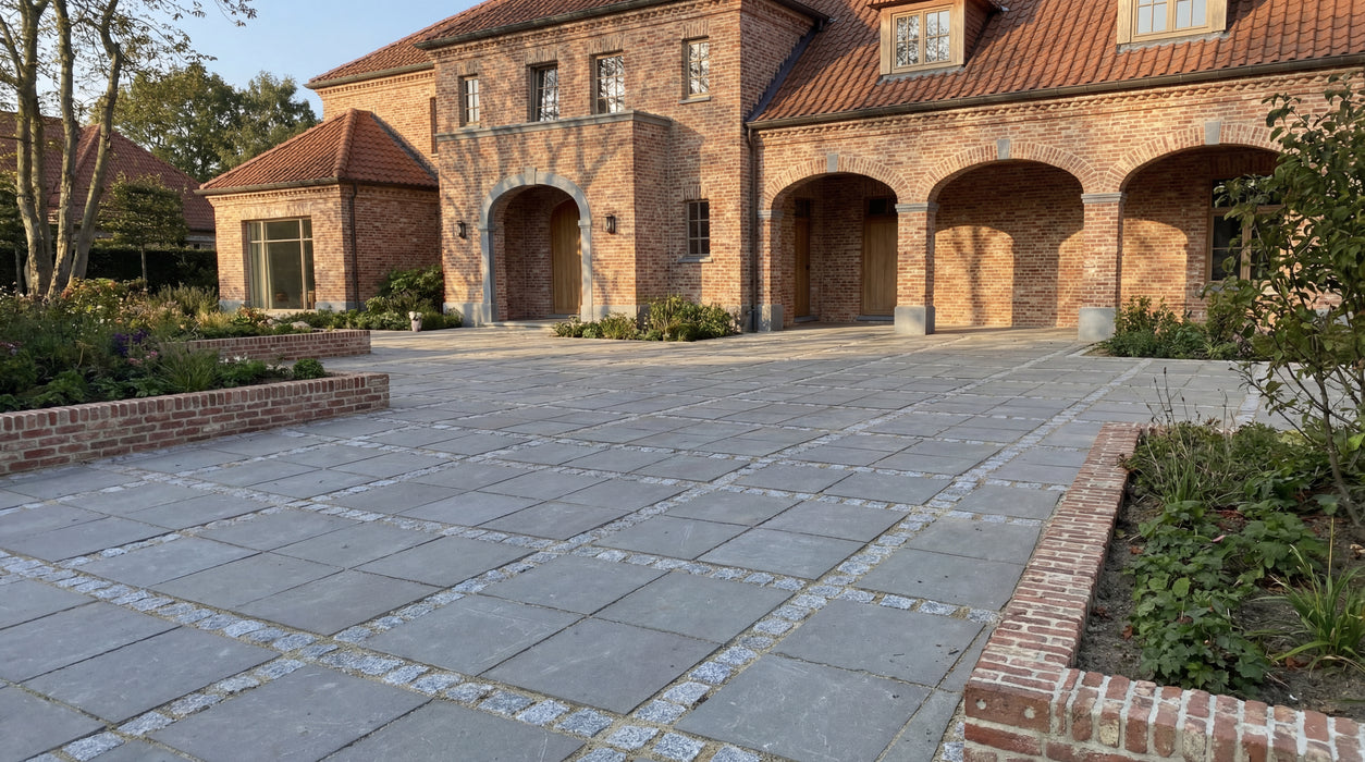 ibf betonfliser 40x40cm i grå nuancer, anvendt til belægning foran murstensvilla.