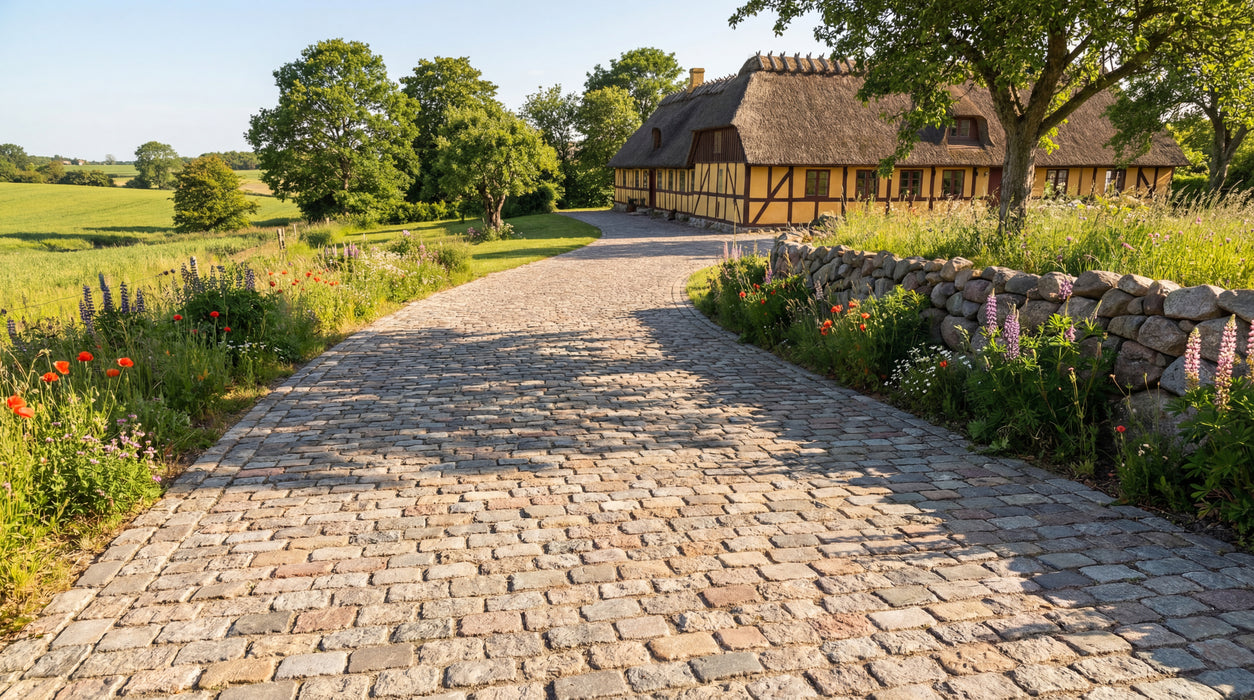 københavnermix brosten som indkørsel til stråtækt hus i landlig idyl.