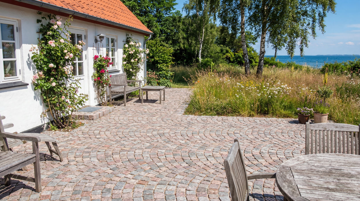 chaussesten nordisk mix belægning på terrasse ved hvidt hus med roser.