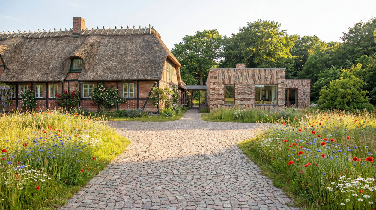chaussesten nordisk mix i indkørsel med vilde blomster og bindingsværkshus.