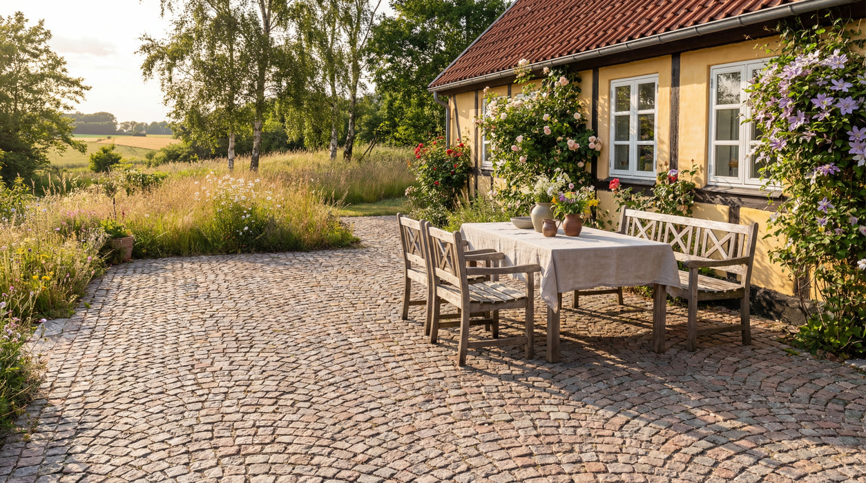 chaussesten, svensk halmstad, anlagt i vifteform på terrasse ved bindingsværkshus.