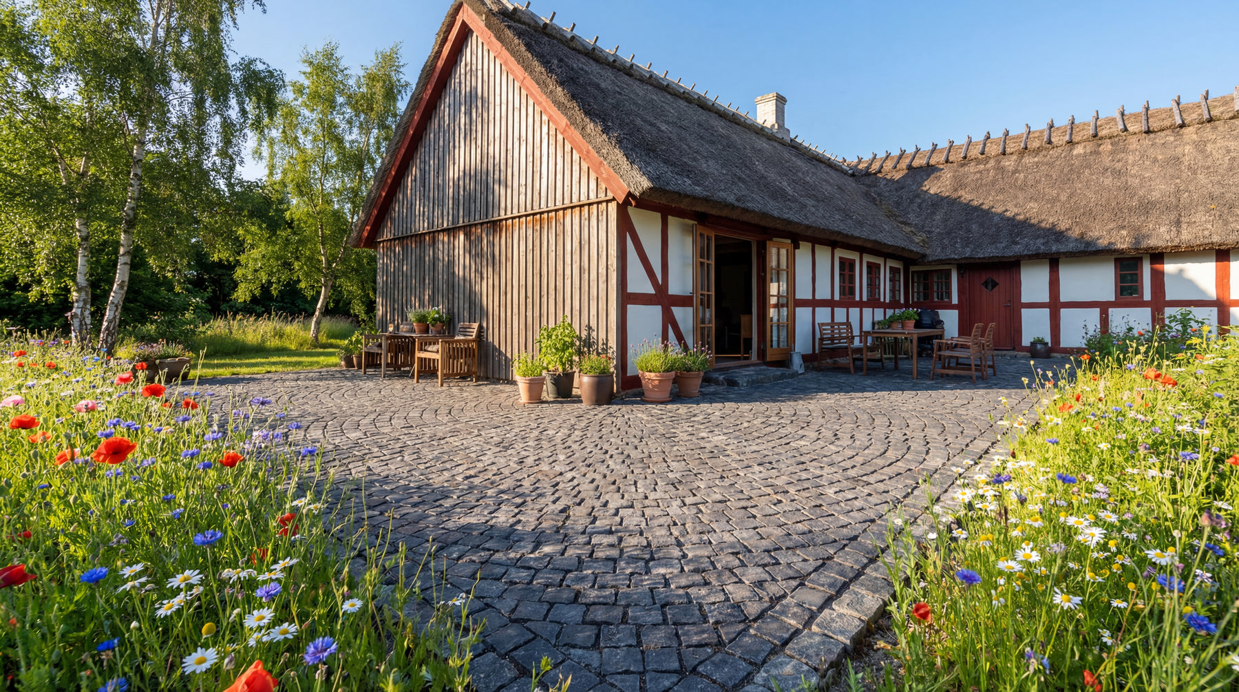sorte halve chaussesten som belægning ved stråtækt hus og blomsterbed