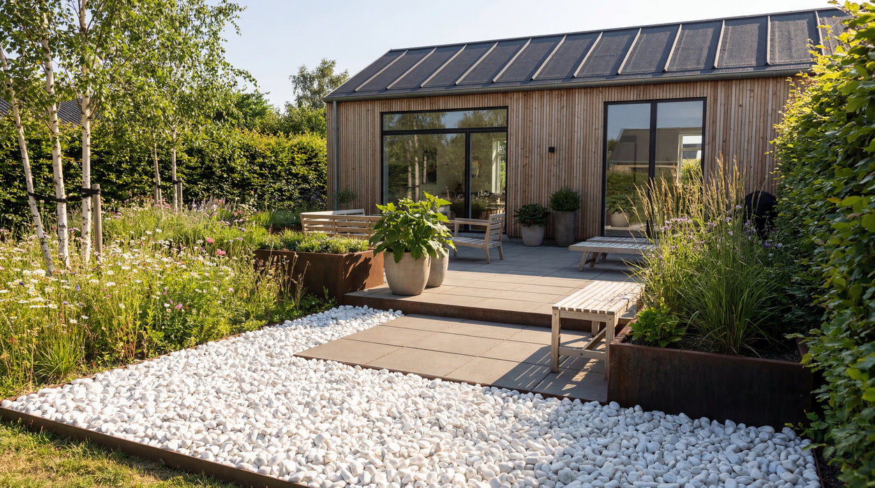hvide marmorsten i havebed, med moderne træhus og grøn beplantning i baggrunden.