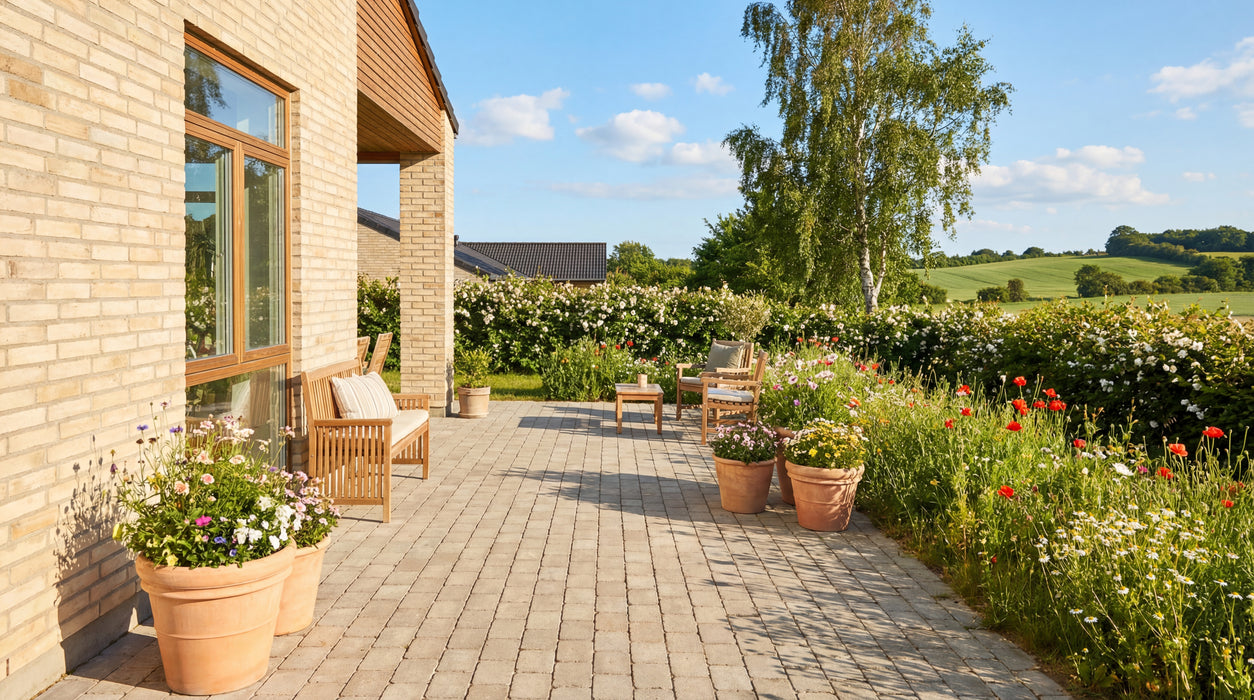 grå ibf betonklinke m23 belægning på terrasse med havemøbler og blomsterkrukker.