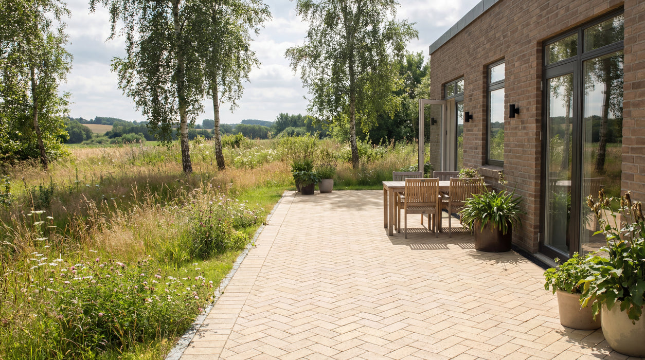 gul ibf betonklinke m23 belægning på terrasse ved hus og have