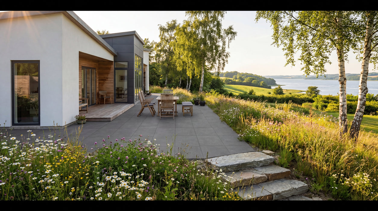 terrasse med skumringssort keramisk flisebelægning ved moderne hus og natur