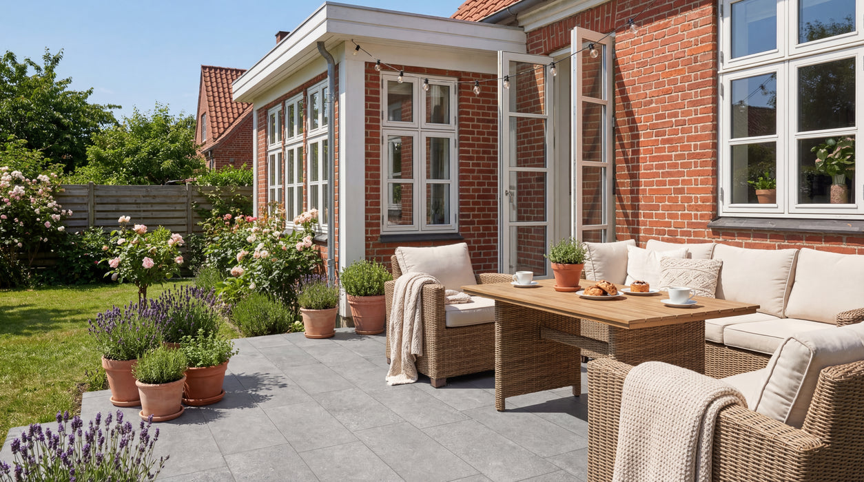 stormgrå keramiske fliser på en sol