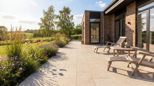 lyse keramiske fliser "gilleleje sand" på terrasse med havemøbler.