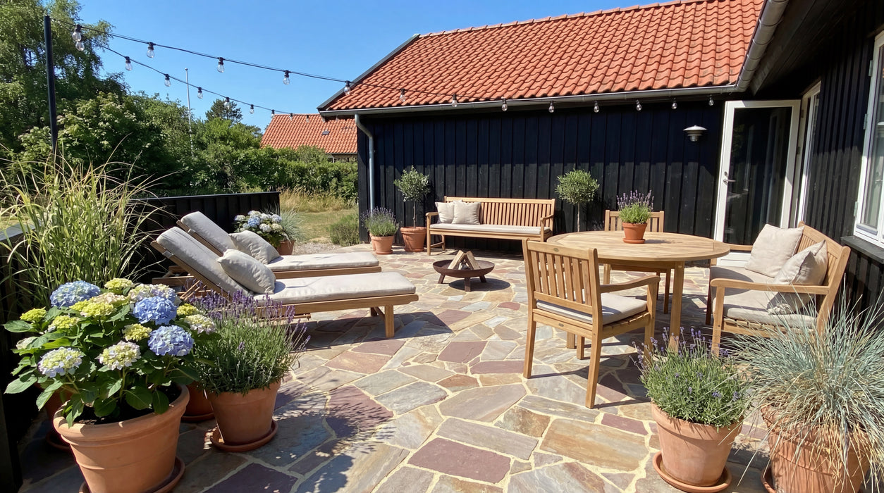 mahogni sandsten brudfliser på terrasse med havemøbler og planter i krukker.