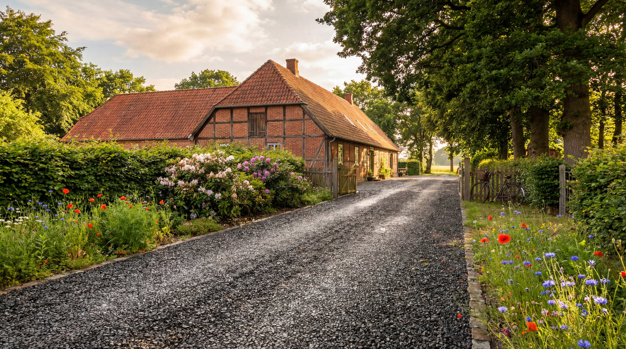 indkørsel med sort hyperit skærver (11-16 mm) ved ældre hus med blomsterbede.