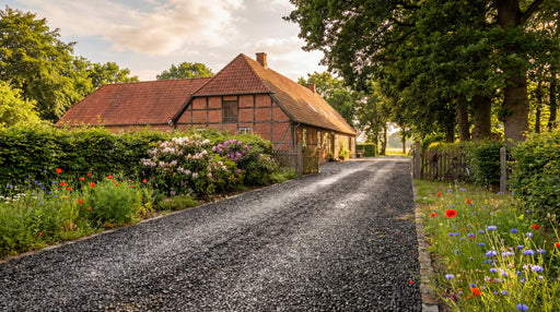 indkørsel med sort hyperit skærver (11-16 mm) ved ældre hus med blomsterbede.