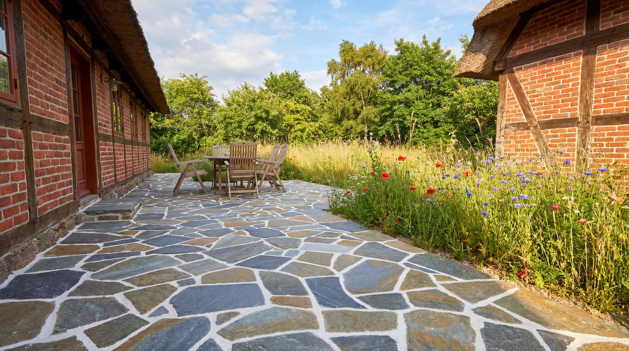 skifer brudfliser i grå/brun mix som terrasse ved bindingsværkshus.