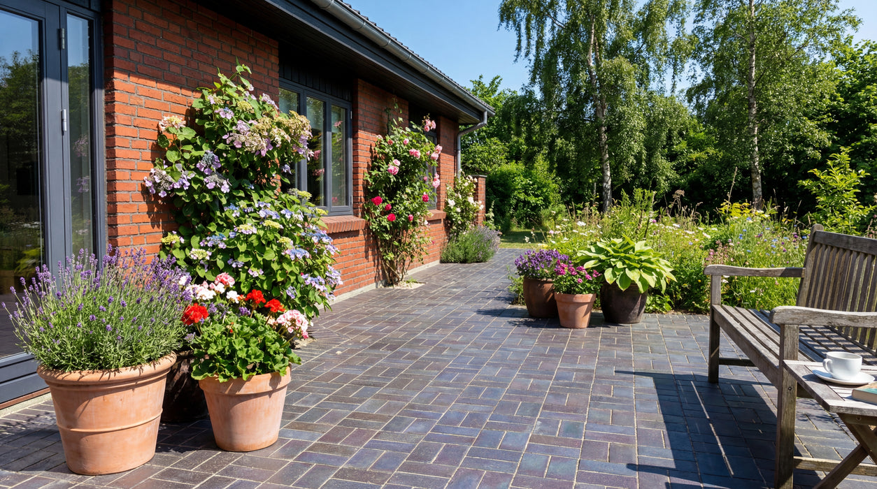 manchester teglklinker som terrassebelægning i smukt havemiljø.