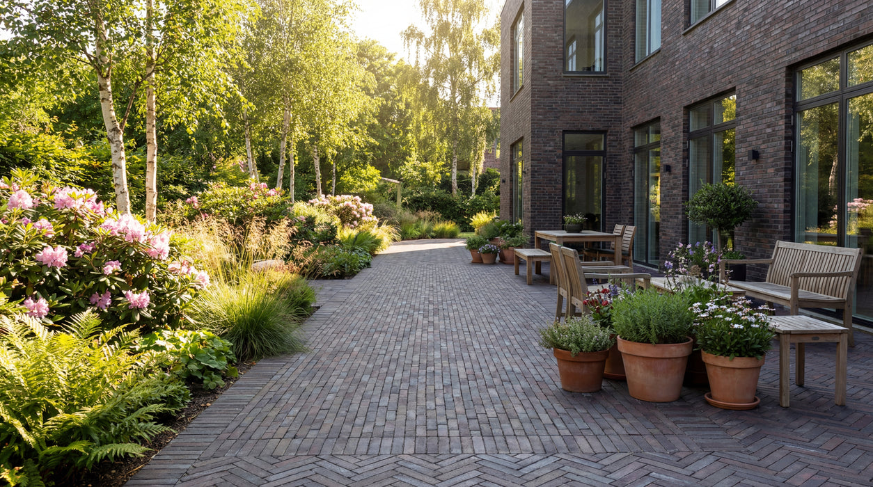 manchester teglklinker lagt i sildebensmønster på terrasse ved moderne hus.