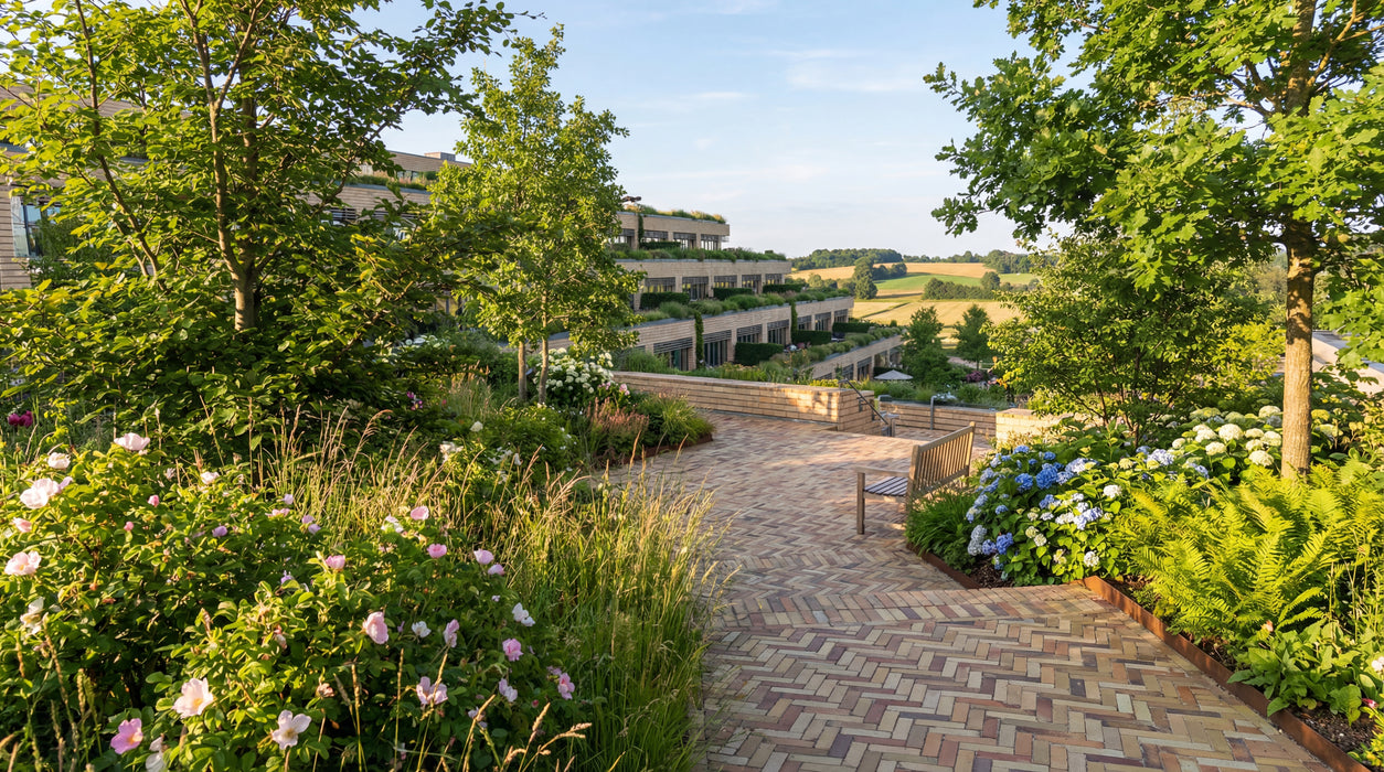 sti belagt med Odense teglklinker i sildebensmønster i grønt parkanlæg.
