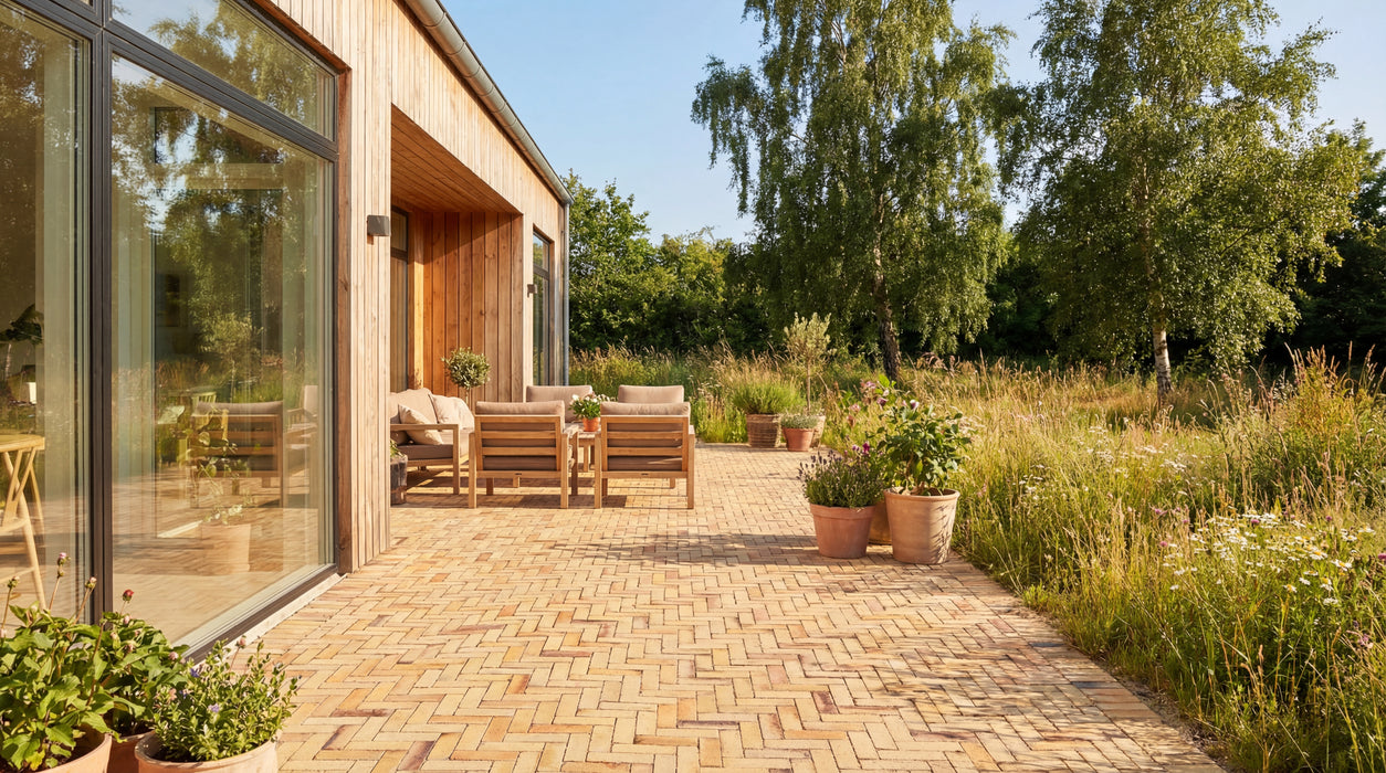 lyse teglklinker "Odense" lagt i sildebensmønster på terrasse ved træhus.