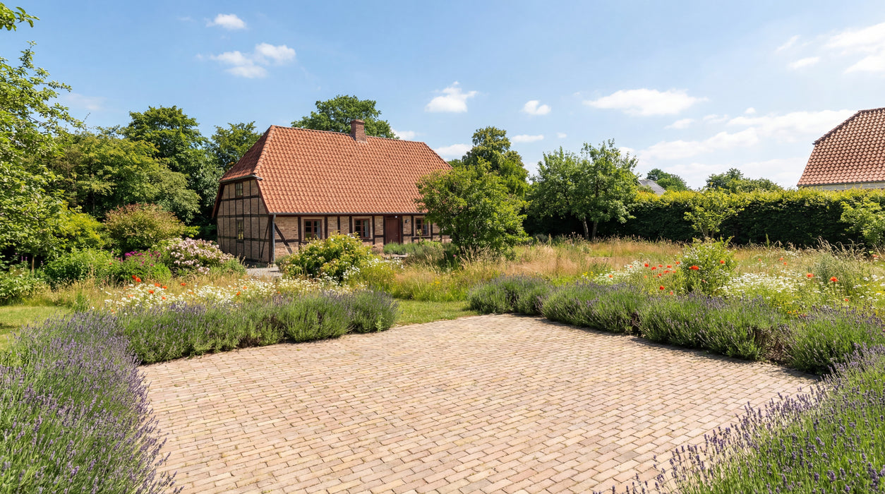 lyse teglklinker som belægning foran bindingsværkshus og lavendelbed