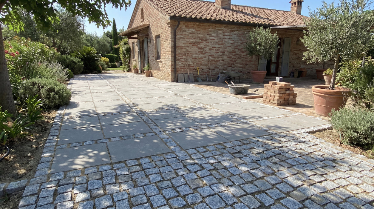 ibf betonfliser 40x40cm i grå nuancer, anlagt som sti med småsten.