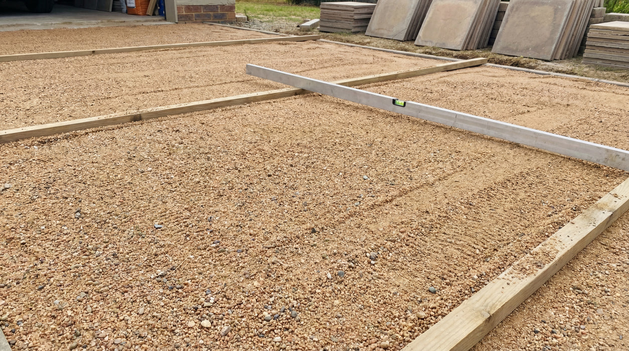 lyst, jævnt lagt brolæggergrus (0-8 mm) med retteskinne og træramme.