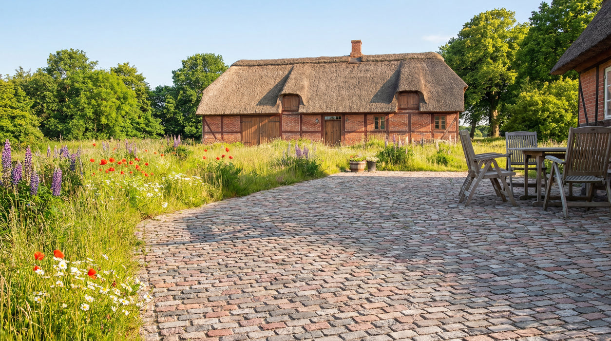 nordisk mix brosten belægning ved bindingsværkshus og havemøbler.