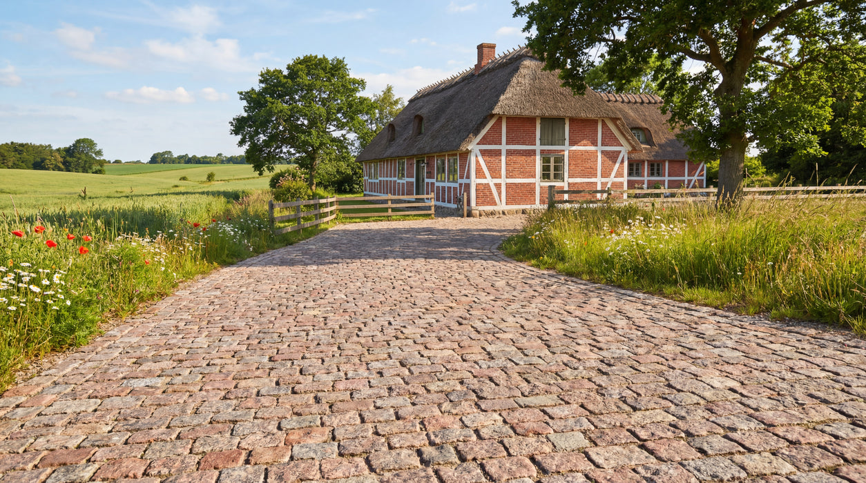 rød bohus brostensbelægning fører op til stråtækt bindingsværkshus