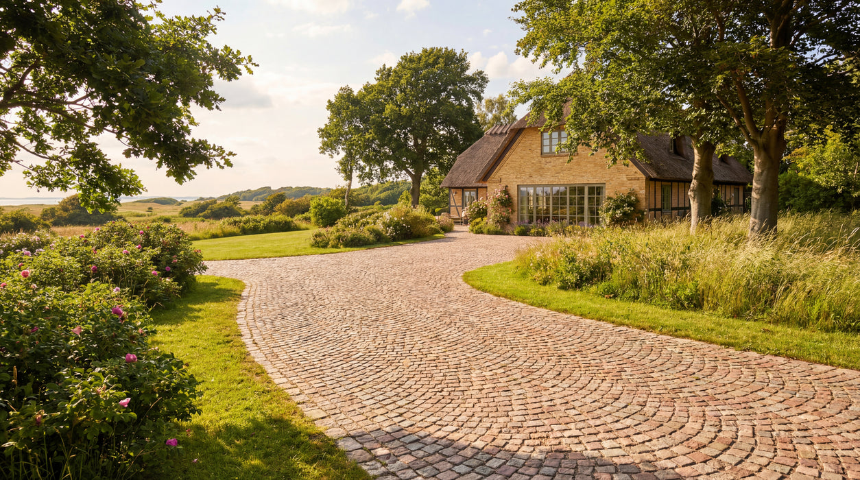 indkørsel med nordisk mix chaussesten i vifteform ved stråtækt hus