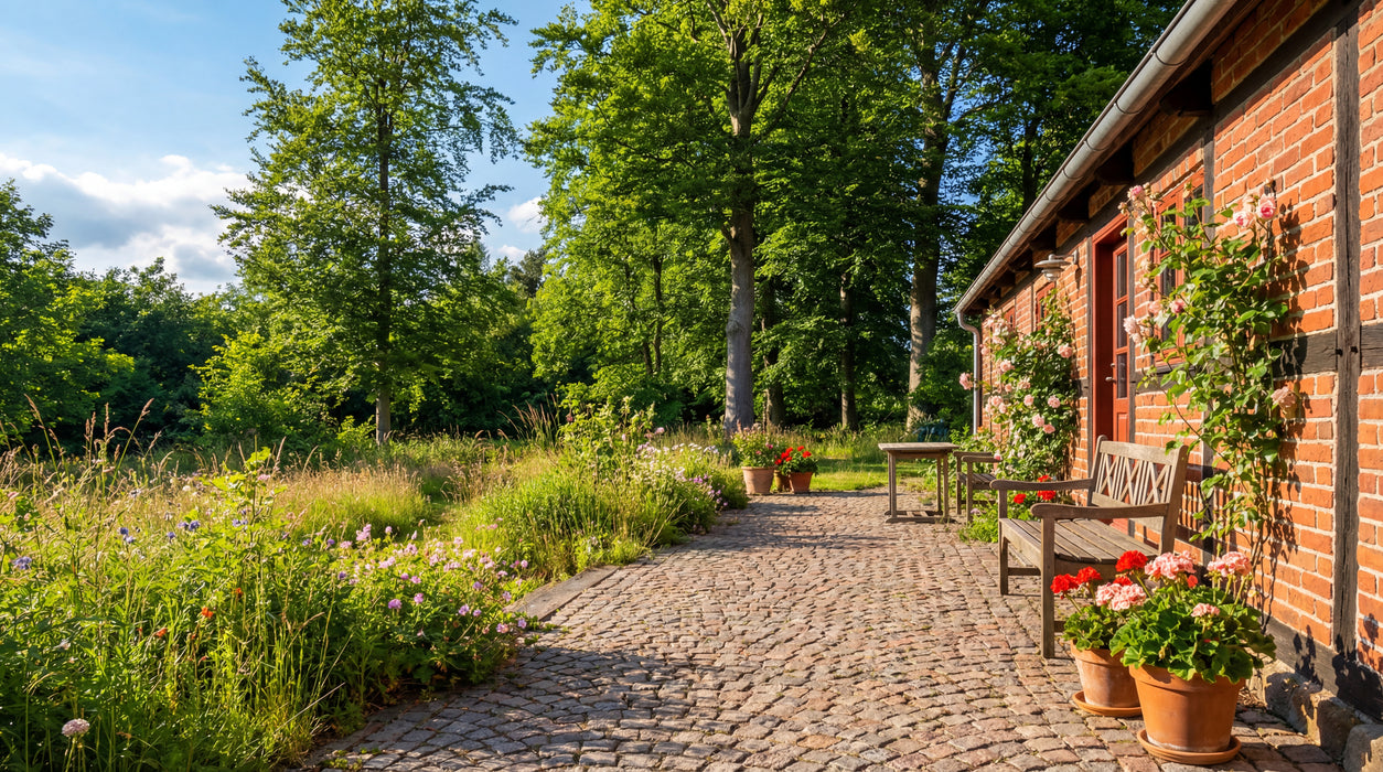 chaussesten svensk halmstad som sti ved bindingsværkshus og have