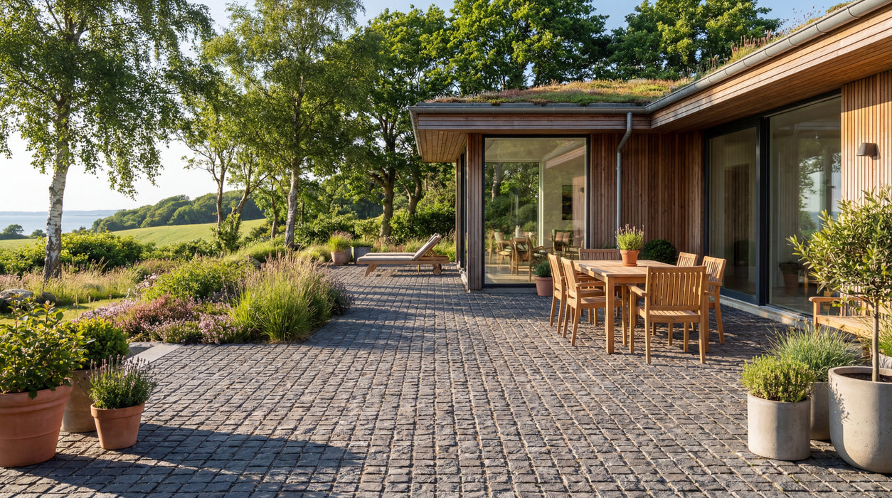 terrasse belagt med sorte chaussesten ved moderne hus.