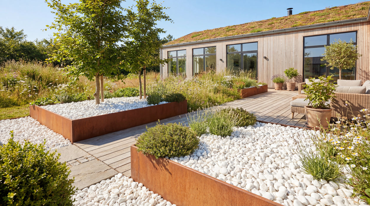 hvide marmorsten i højbede af metal, del af moderne have med træterrasse og grønt tag.