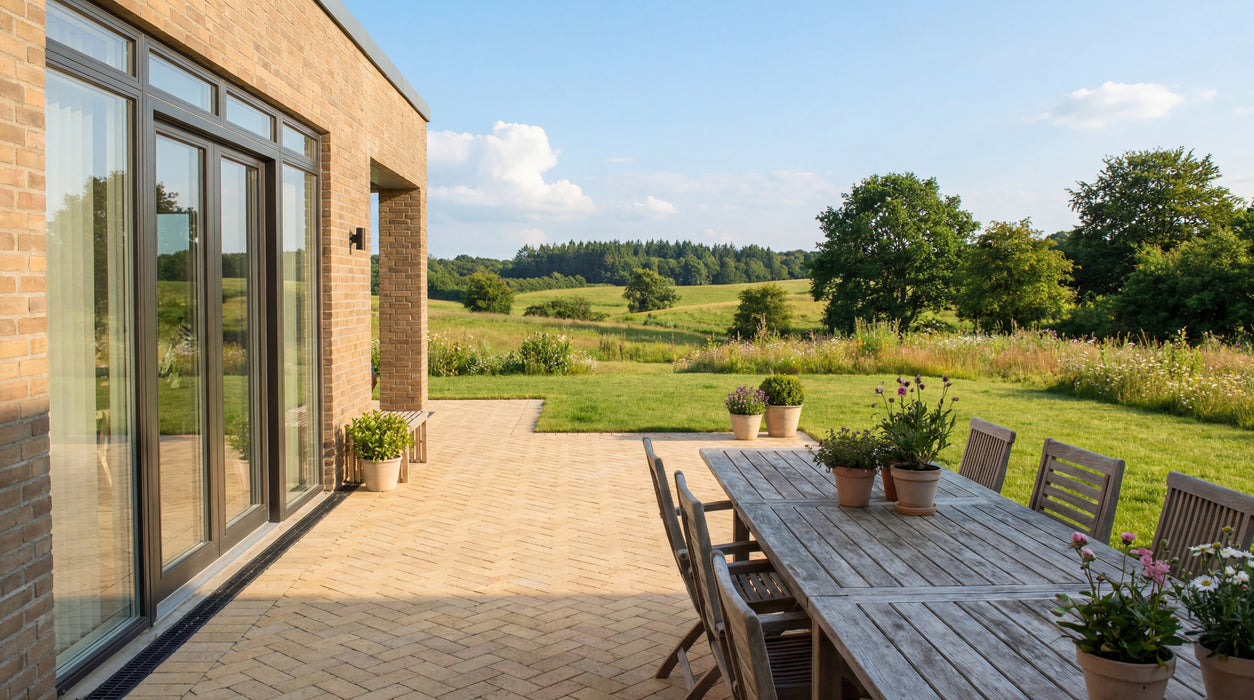 gul ibf betonklinke m23 belægning på terrasse i smukt havemiljø.