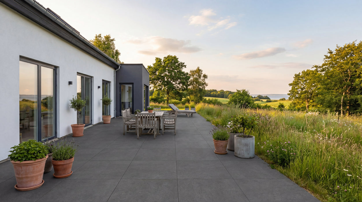 skumringssort keramisk flise terrasse med havemøbler og udsigt