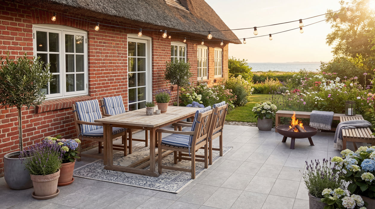 stormgrå keramiske fliser på terrasse ved rø