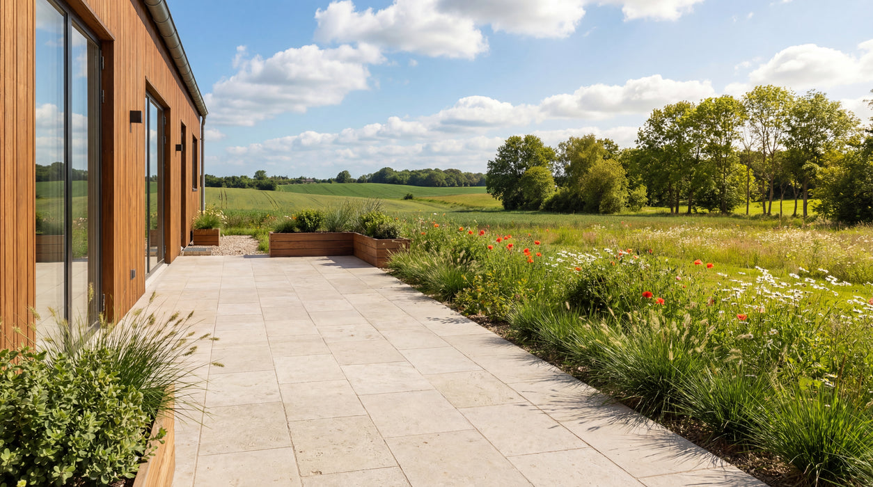 lyse keramiske "gilleleje sand" fliser på terrasse ved træhus og blomsterbed