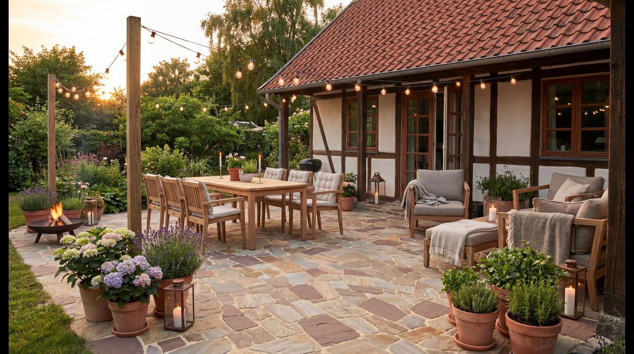 hus), wooden garden furniture (dining table