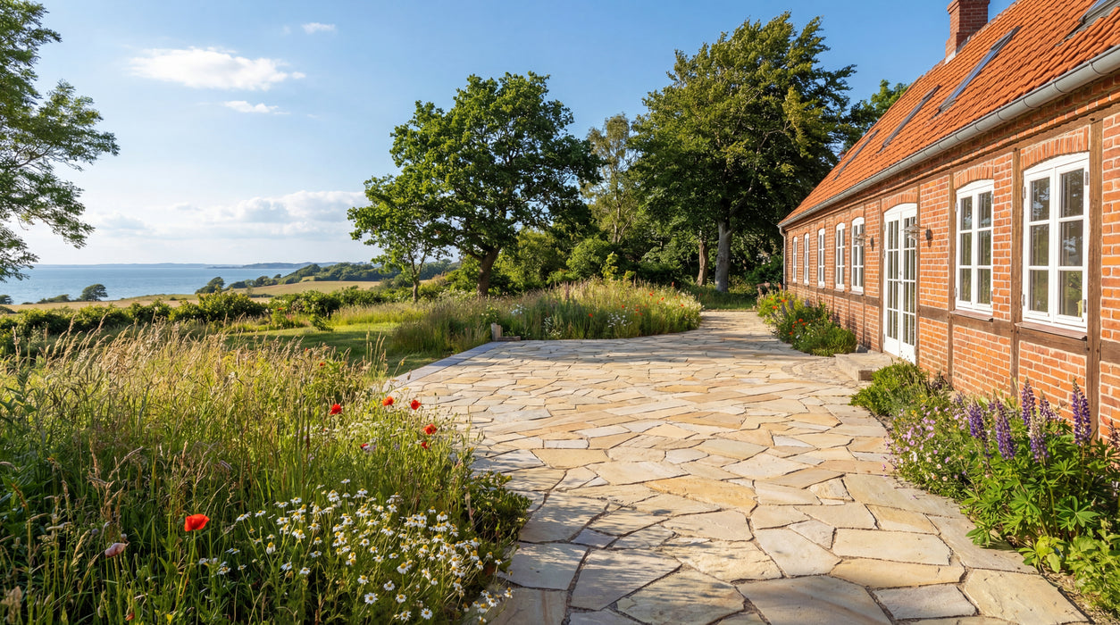 sahara sandsten brudfliser som terrasse ved rødstenshus med havudsigt.