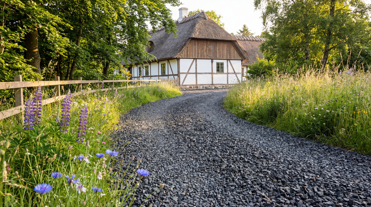 sti belagt med sorte hyperit skærver fører op til stråtækt bindingsværkshus.