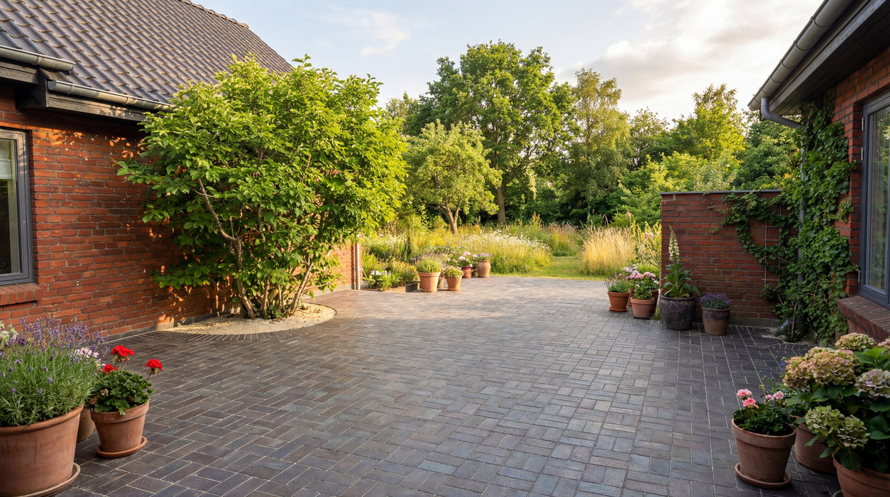 manchester teglklinker lagt i sildebensmønster på terrasse med blomsterkrukker.