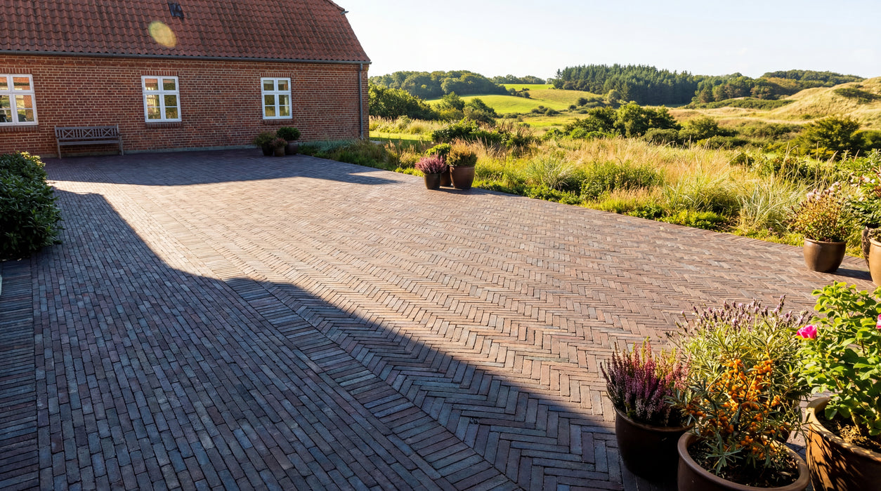 rød teglklinke belægning, manchester, i sildebensmønster foran rødstenshus.