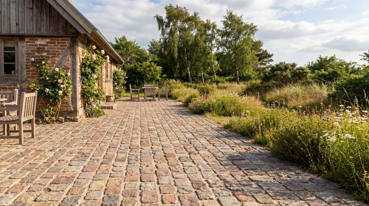 belægning med brugte københavnermix brosten ved murstenshus og have.