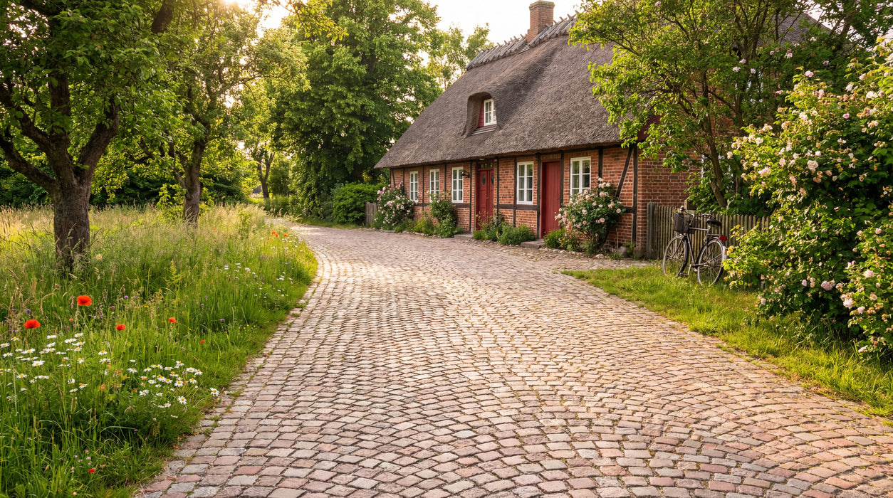 chaussesten nordisk mix som indkørsel til stråtækt hus.